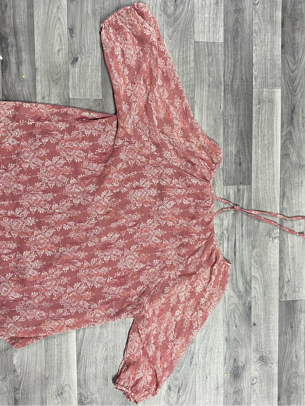 Boho Tie-Neck Floral Peasant Blouse in Dusty Rose